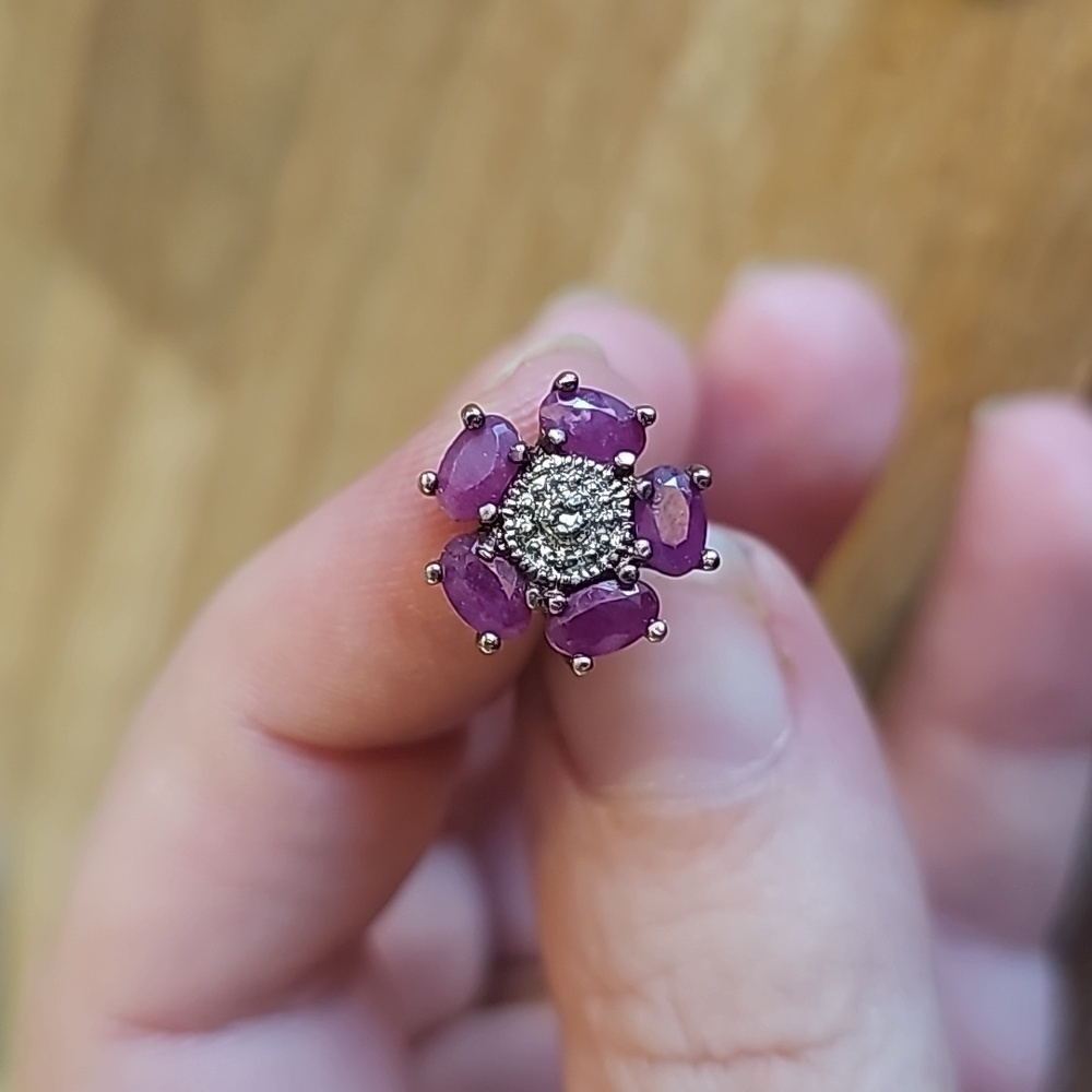 Sterling Silver Ruby Cluster Flower Earrings - image 2